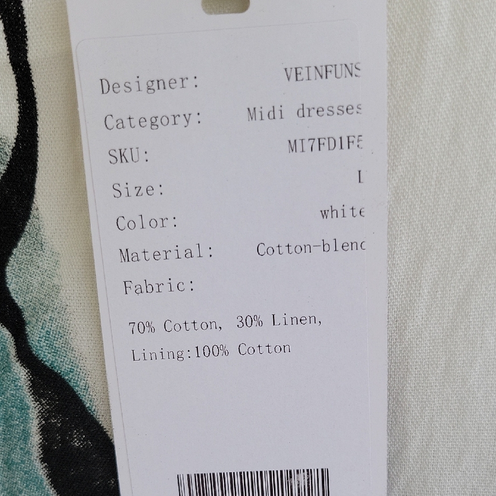 VEINFUNS Stylish White Dress Midi Linen And Cotton Short Sleeve Artsy Boho L - Picture 3 of 9